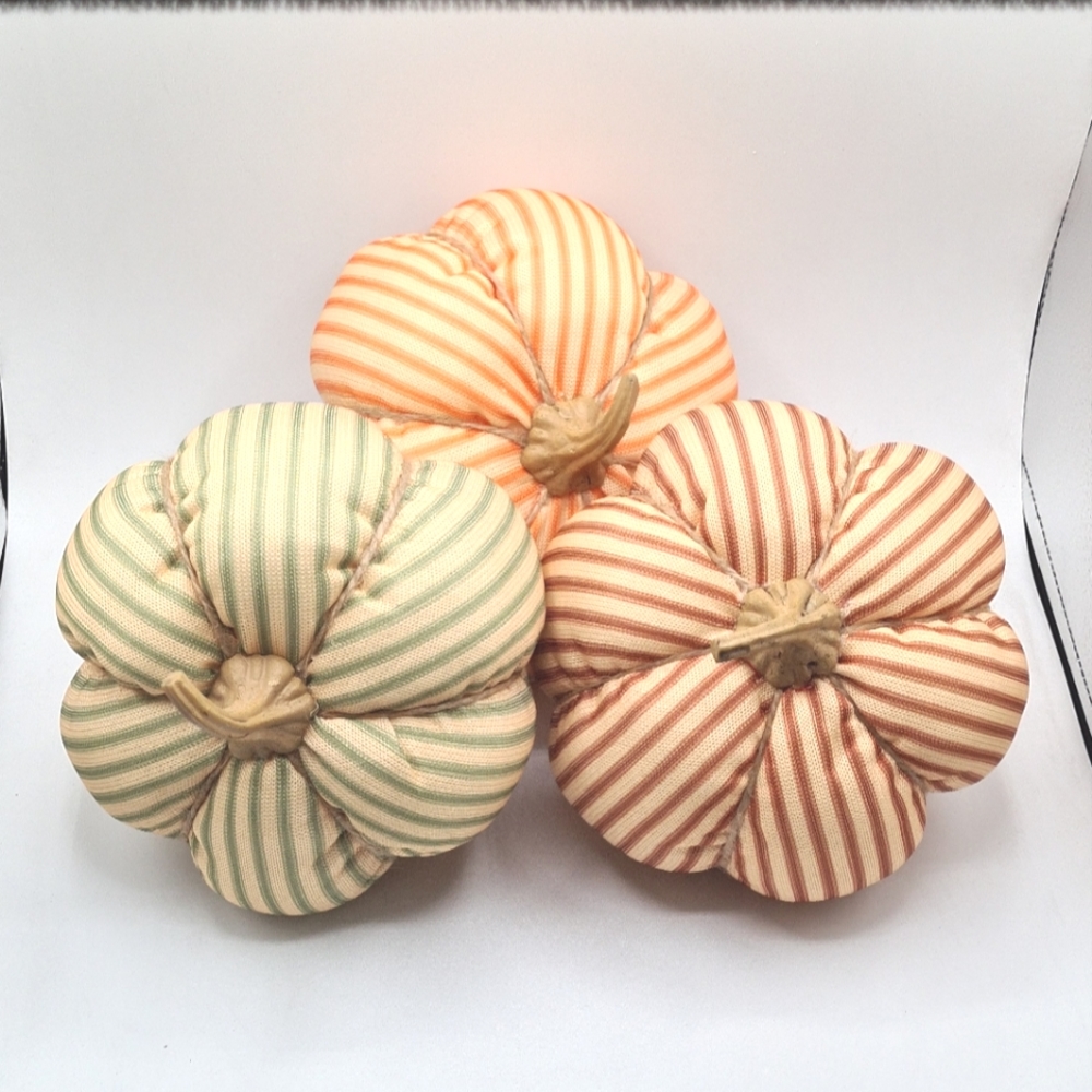 Thanksgiving Pumpkin Striped Green Brown Orange Set 3 Plush Fall Decor 5.5"